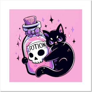 Kawaii Black Cat, Pink Death Potion Posters and Art